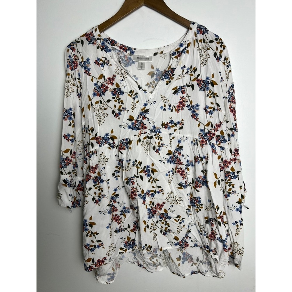 Motherhood Maternity Floral Babydoll Blouse White Blue XL 3/4‎ Sleeve V-Neck Top